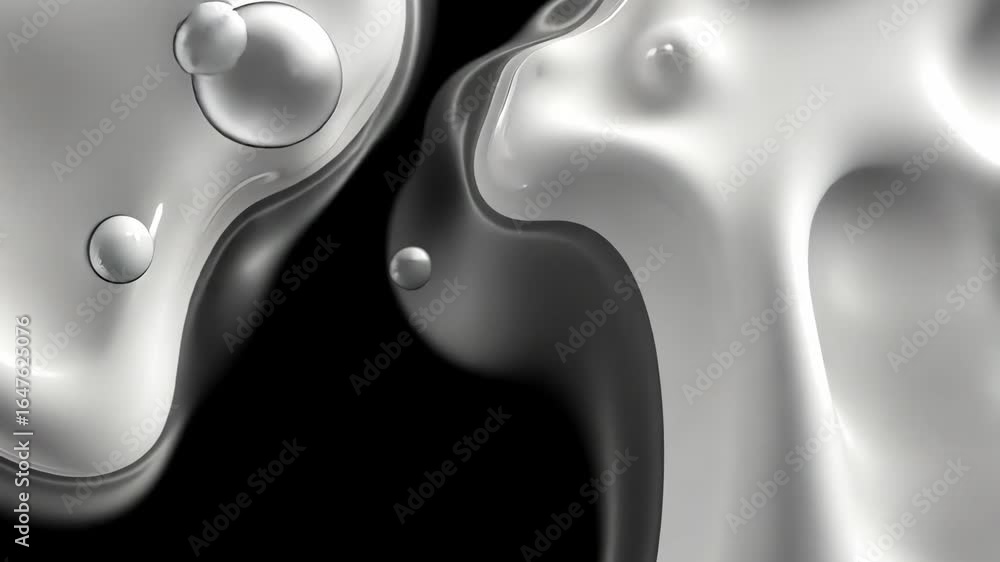 Poster abstract metallic fluid dynamics with smooth silver textures and floating bubbles