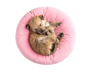 Adorable Puppy Curled Up on a Round Pink Cushion, Top-Down Angle, Isolated
