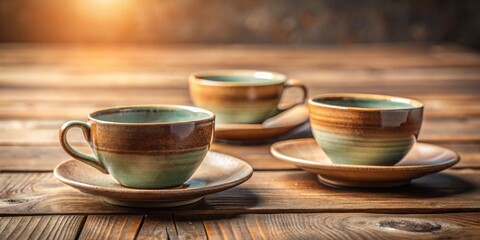 Warm morning light illuminates three ceramic teacups and saucers arranged on a rustic wooden table.