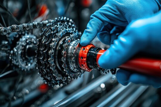 Close-up of a mechanic repairing a bicycle gear system with precision