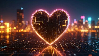 Neon Heart Over Futuristic Cityscape at Night