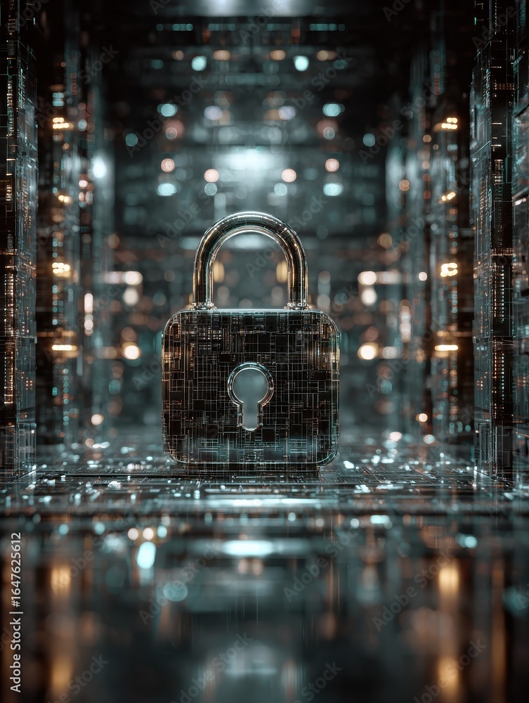 Poster a cybersecurity background featuring a digital padlock in the center surrounded by firewalls and enc