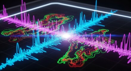A glowing 3D digital animation of neon sound waves and contour maps, representing advanced audio spectrum analysis and futuristic data visualization technology.
