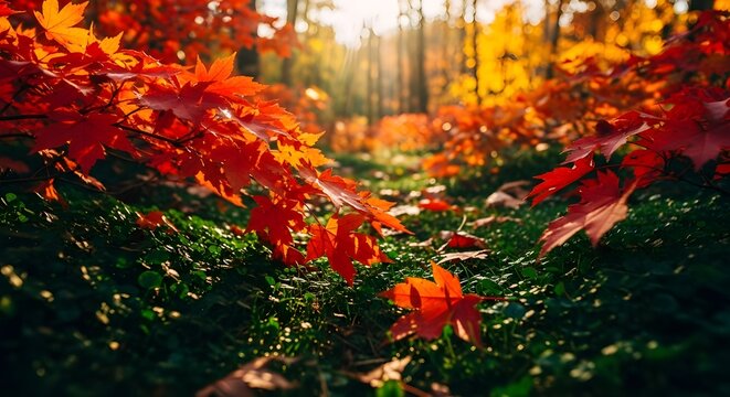 Vibrant autumn forest path with sunlit red maple leaves