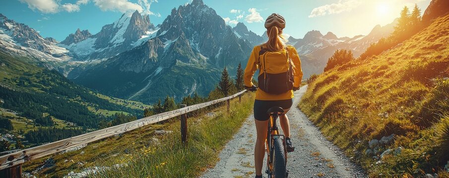 A woman explores the Alpine mountains on an e-bike at sunrise. - Powered by Adobe