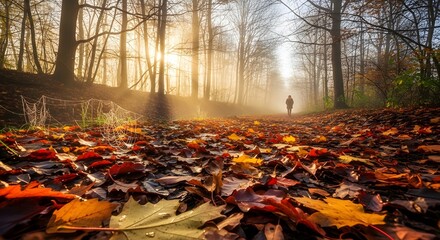 Solitary walker in autumn forest bathed in golden sunlight