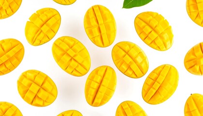 Fototapeta premium Mango slices arranged on a white background