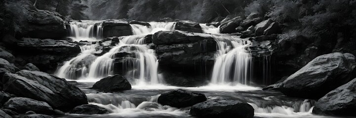 Black and White Waterfall Scene with Rocks and Flowing Water in Nature