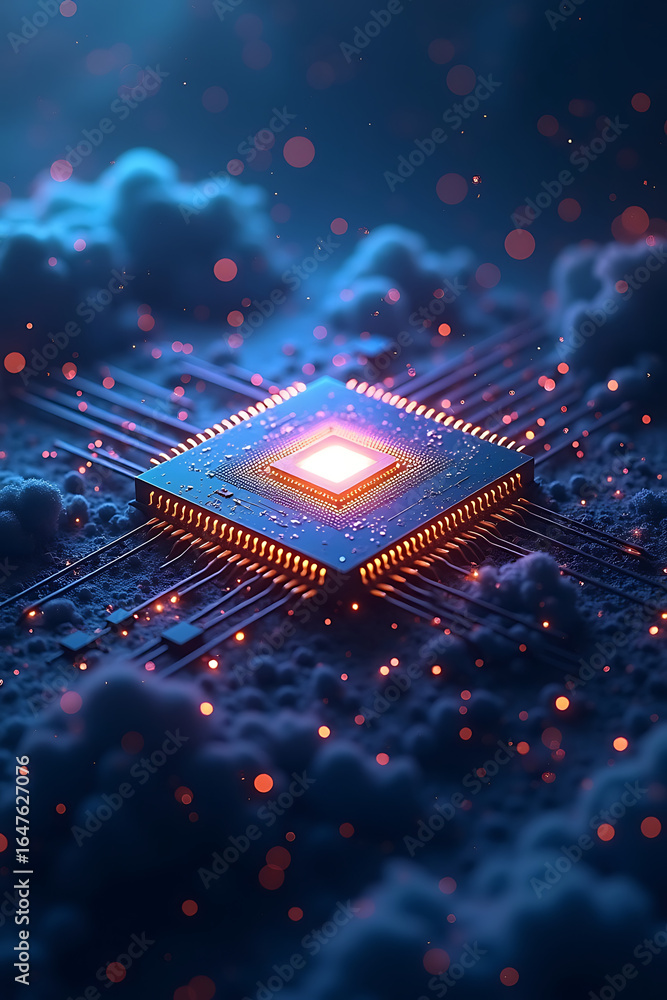 Poster a glowing central processor unit rests amidst a network of circuits and ethereal, cloud-like formati
