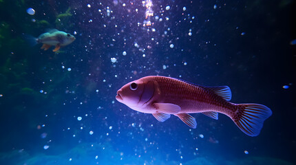 Vibrant underwater scene of a red fish swimming gracefully through deep blue water, surrounded by air bubbles and soft light beams, creating a peaceful aquatic atmosphere.