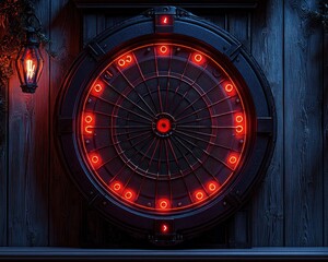 Steampunk dartboard, glowing red numerals, dark wood