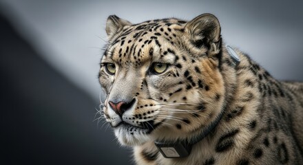 A snow leopard wearing a tracking collar for wildlife monitoring. Technology is used for animal conservation and protection.