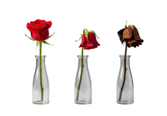Three clear glass bud vases with red roses showing progressive decay (fresh, wilting, shriveled) on a transparent studio background with soft shadows, concept of natural decay and transience