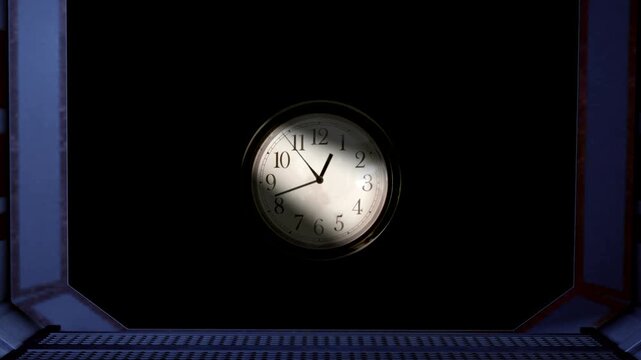 Corridor to rapidly spinning hands on clock