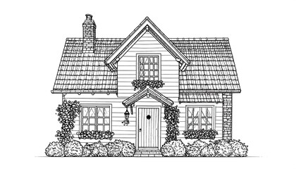 Naklejka premium Detailed Cottage Sketch with Climbing Vines, Window Boxes, and Brick Chimney