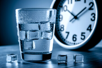 A close-up of a glass of ice water, with condensation and ice cubes, in front of a clock face. AI Generated 