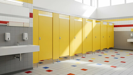 Interior of a modern and clean public restroom in a school with bright yellow toilet stalls and colorful tiled floor