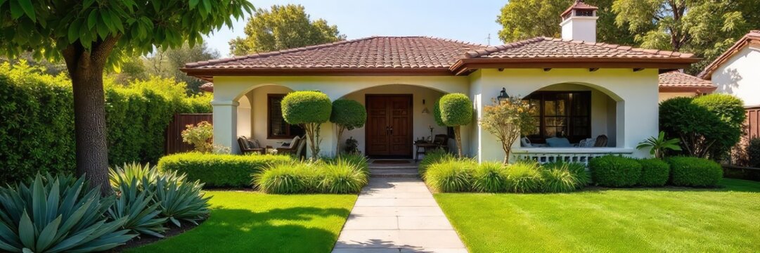 Sun-drenched California bungalow with lush garden, inviting patio, and charming architectural details Perfect for real estate, travel, and lifestyle imagery , architecture, real estate