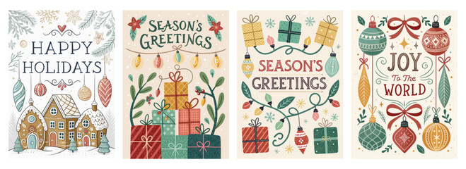 A colorful collection of festive holiday greeting cards with cheerful illustrations and warm messages.