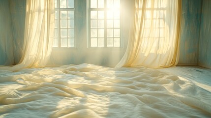 Sunlight streams into a room with sheer curtains and a bed