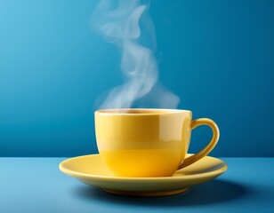 yellow hot cup of coffee with smoke on pastel blue background copy space
