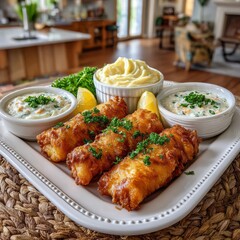 Mediterranean-style Bacalieros Scordalia cod, fried to perfection, served with garlic potato sauce.