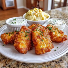 Delicious Bacalieros Scordalia cod, crispy outside and tender inside, served with creamy garlic dip.