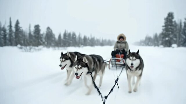 Thrilling Husky Dog Sledding Adventure in Snowy Winter Landscape with Forest Background Person Enjoying Arctic Expedition and Nature Travel