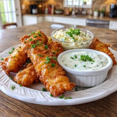 Delicious Bacalieros Scordalia cod, crispy outside and tender inside, served with creamy garlic dip.