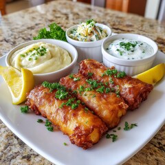 Crispy battered Bacalieros Scordalia cod served golden brown with creamy garlic potato sauce for a rich Mediterranean flavor.