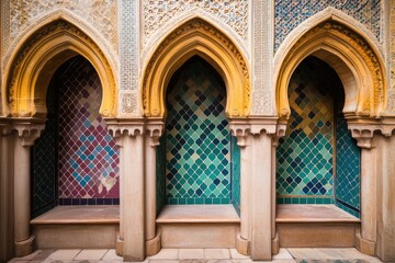 Obraz premium Three ornate alcoves with pointed arches, intricate stonework, and colorful tiled inserts, set on a shared stone bench. 