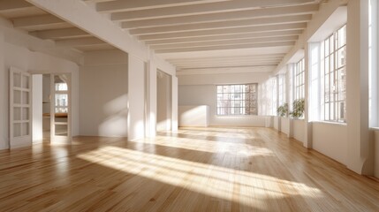 Obraz premium modern sunny empty loft room with white wall and wooden floor 3d render no logos no brands ar 169