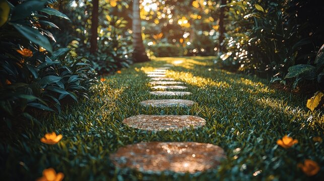 Sunlight-drenched garden path