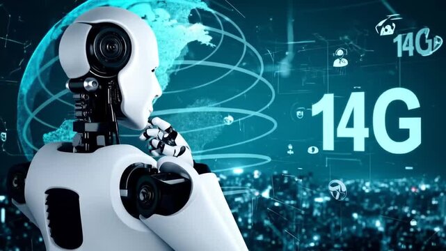 Futuristic 14G technology video: Robot contemplating future innovations and digital transformation