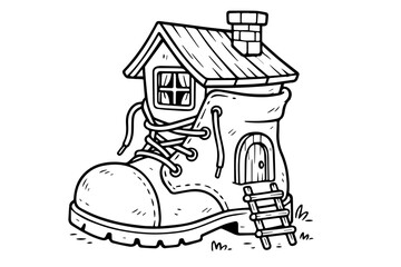 Fototapeta premium Cozy Old Boot House with a Ladder Isolated Vector Coloring Page