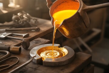 Molten gold expertly poured into mold by craftsman in workshop, capturing precious metal process and artisanal skill