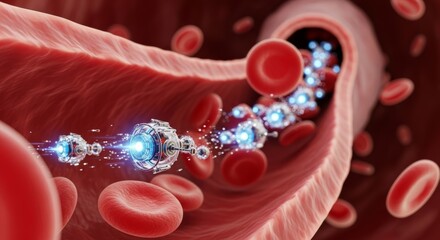 Futuristic nano-robots navigating through the human bloodstream alongside red blood cells, representing advanced medical nanotechnology for diagnosis and treatment.