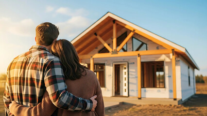 Young couple embracing and looking at their modern new home under construction at sunset, planning a future together.