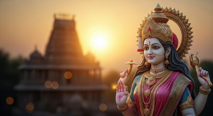 Majestic Hindu Goddess Statue at Sunset