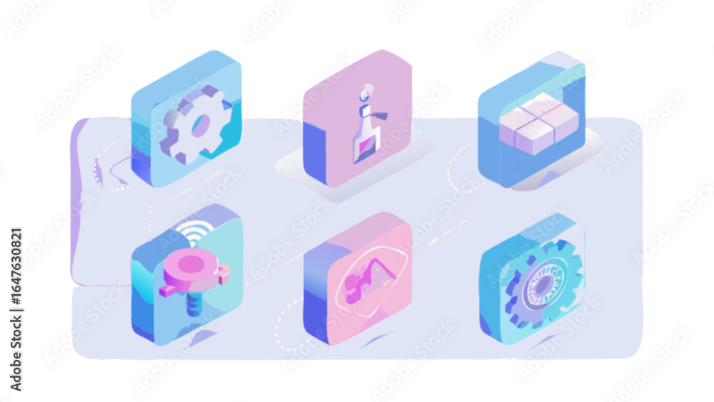 Poster isometric technology icons set gear settings flask blocks wifi puzzle design innovation concept vect
