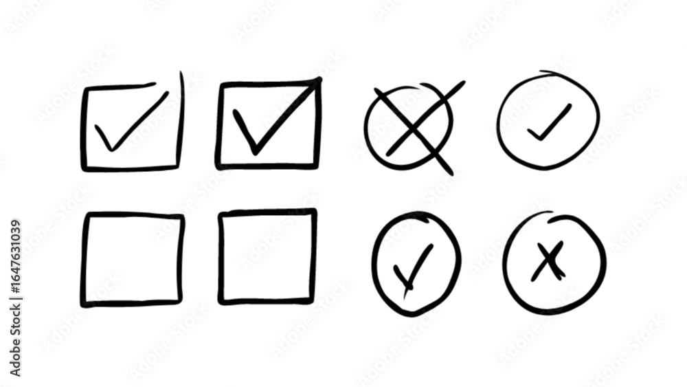 Poster check mark box and cross mark circle vector icons for survey checklist and voting form design elemen