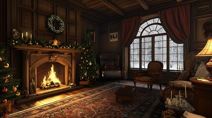 Obraz premium Traditional room featuring warm fire and decorated pine