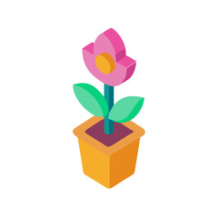 Isometric potted flower illustration against black background, flower with petals, stem and leaves