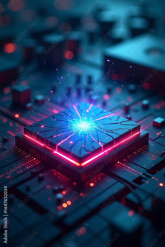 Poster close-up of a computer chip with glowing blue light emanating from its center, surrounded by red neo