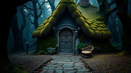 A whimsical cottage with a moss covered roof nestled in a dark and mysterious forest setting scene view