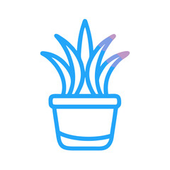 Stylized potted plant illustration with blue lines and isolated on a black background