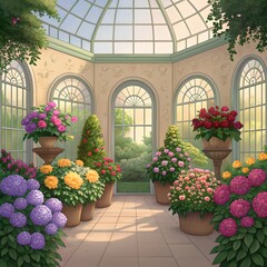 Naklejka premium A serene greenhouse interior filled with vibrant potted flowers and abundant natural light streaming through windows