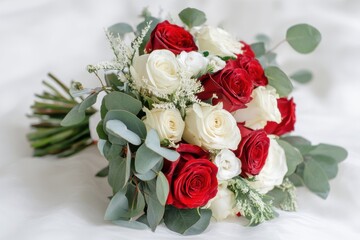 A beautiful bridal bouquet of red and white roses, accented with eucalyptus.