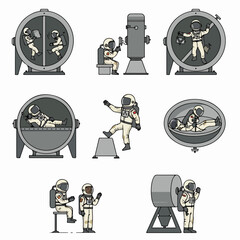 Mars Exploration and Colonization Set: Futuristic Habitats, Rovers, Astronauts, and Scientific Research Equipment on the Red Planet Surface. © Nadhirotul