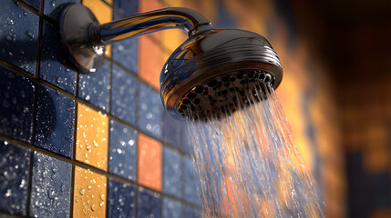 Modern showerhead releasing a steady stream of hot water with colorful wall tiles. hot shower steam, steam shower. rose hot water spray, cold shower shower tap. Low flow shower head, shower water drop